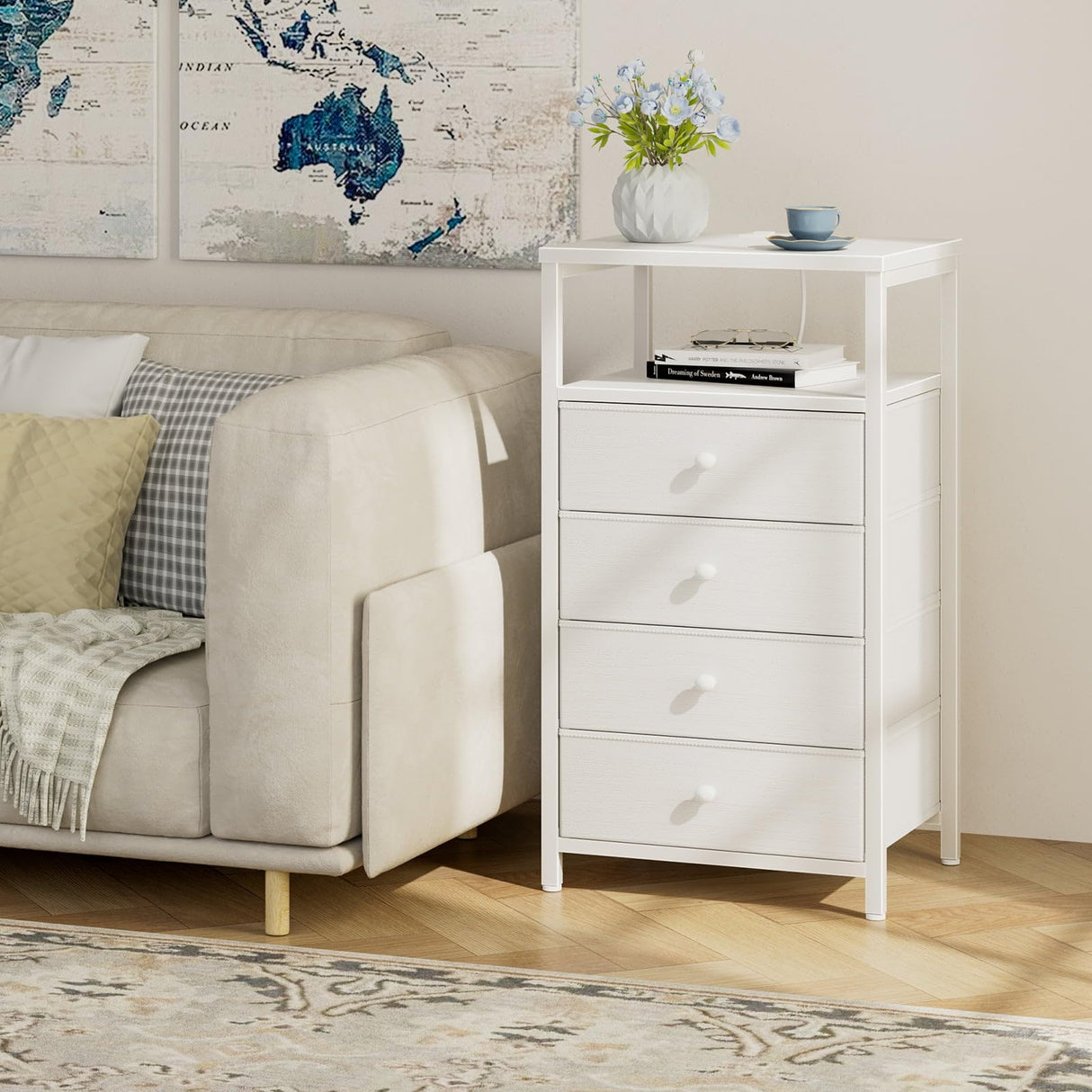 BOLUO Tall Night Stand with Drawers, White Nightstand with Charging Station and LED Light, Small White 4 Drawer Dresser for Bedroom, Room Storage Closet BOLUO