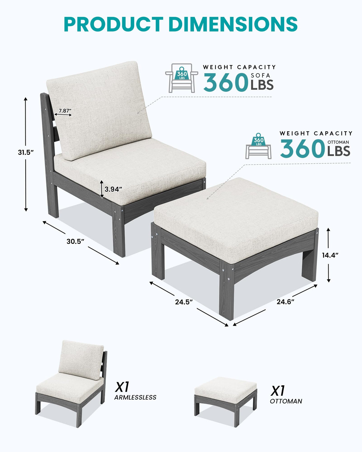 SERWALL 2 Pieces Patio Sofas, HDPE Outdoor Conversation Set with Cushions and Ottoman, Modular Sectional Patio Furniture for Backyard, Deck, Garden, Poolside, Grey Frame with Khaki Cushion SERWALL