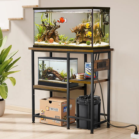 20-29-37 Gallon Fish Tank Stand with Power Outlet, Metal Aquarium Stand with Height-Adjustable Stoarge Shelves, 6-Leg Reptile Tank Stand, 400lbs Capacity PawGiant