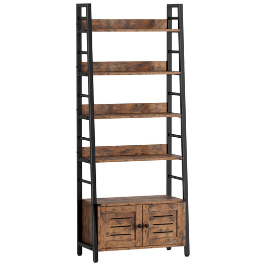 IRONCK Rustic Brown 4-Tier Industrial Ladder Bookshelf with Louvered Doors and Cabinet - WoodArtSupply