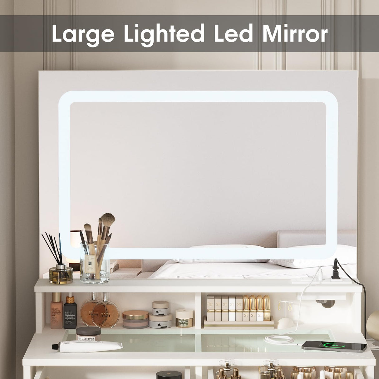 Fameill Small Makeup Vanity Desk Lighted Mirror&Stool,Vanity Table Set with Storage Drawer & Chair,White Vanity for Girls with Power Strip,Vanity Table for Bedroom,White Fameill