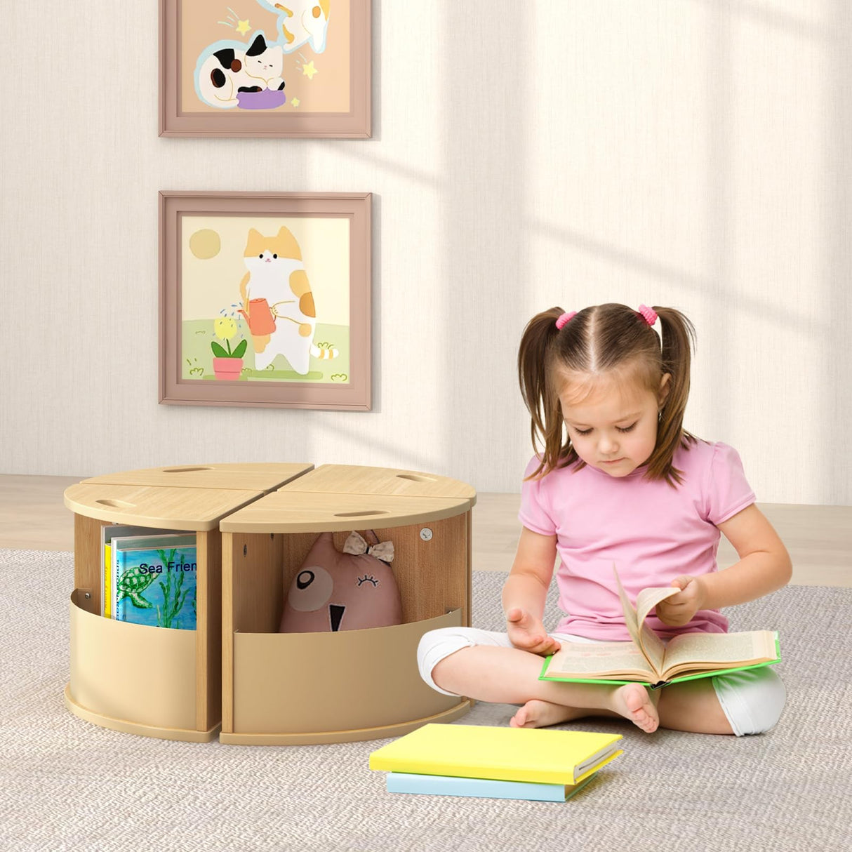 INFANS Toddler Table and Chair Set with 4 Storage Stools, Wooden Flower Shaped Nesting Table with Blackboard Drawers, Children Multi-Activity Table for Art Crafts Draw Read Boys Girls 3+ (Natural) INFANS