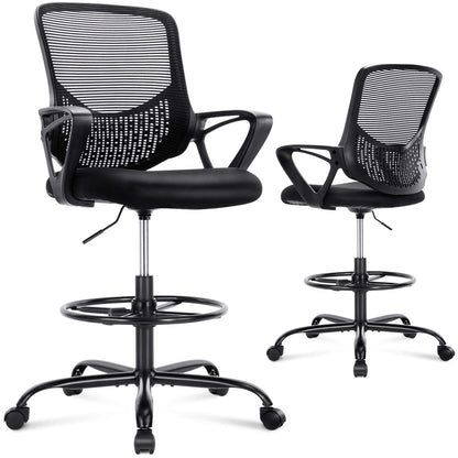 Tall Office Chair, Drafting Chair, Standing Desk Chair, High Adjustable Office Mesh Chair, Ergonomic Counter Height Computer Rolling Chair with Armrests and Foot-Ring for Bar Height Desk - WoodArtSupply