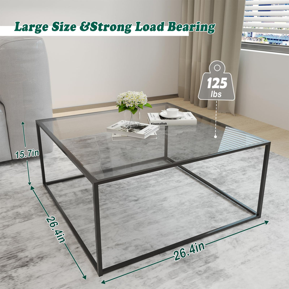 Glass Coffee Tables for Living Room Square Modern Center Table for Small Space,Tempered Glass-top with Sturdy Metal Frame Sofa Side End Table, Easy Assembly,26.4 x 26.4 x 15.7 Inches, Gray Black Easy Paws
