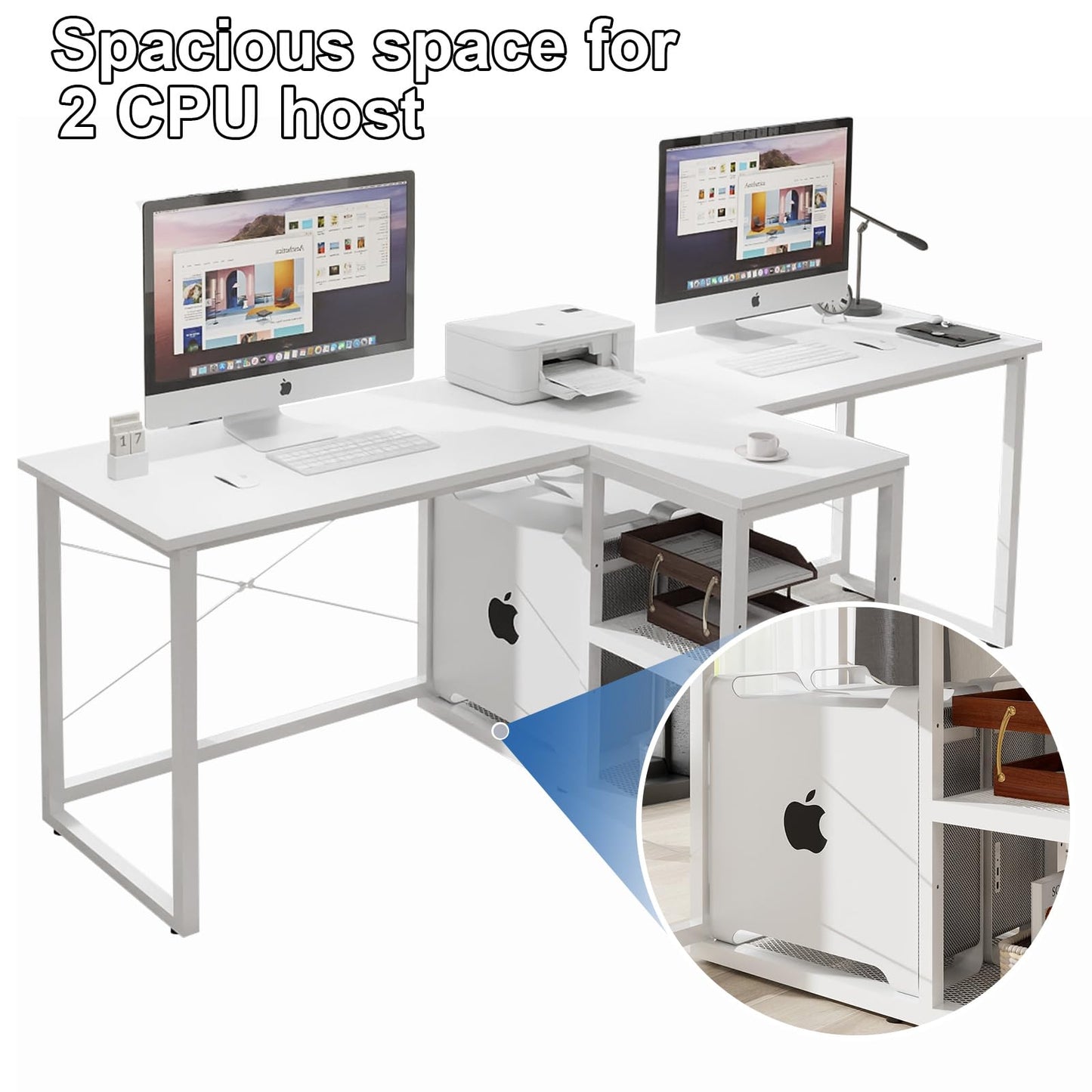 Natwind Two Person Desk with Storage Shelves, 92.5" Double Computer Desk with PC case Stand for Home Office, Home Craft Table Workstation, Heat Press Table, Long Gaming Desk,White - WoodArtSupply