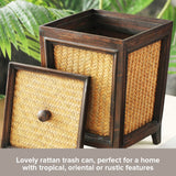 Primo Supply Rattan 7L Trash Can - Hand Woven Brown Square Garbage Bin with Lid - Small Wooden Bathroom Kitchen Decorative Waste Basket Primo Supply
