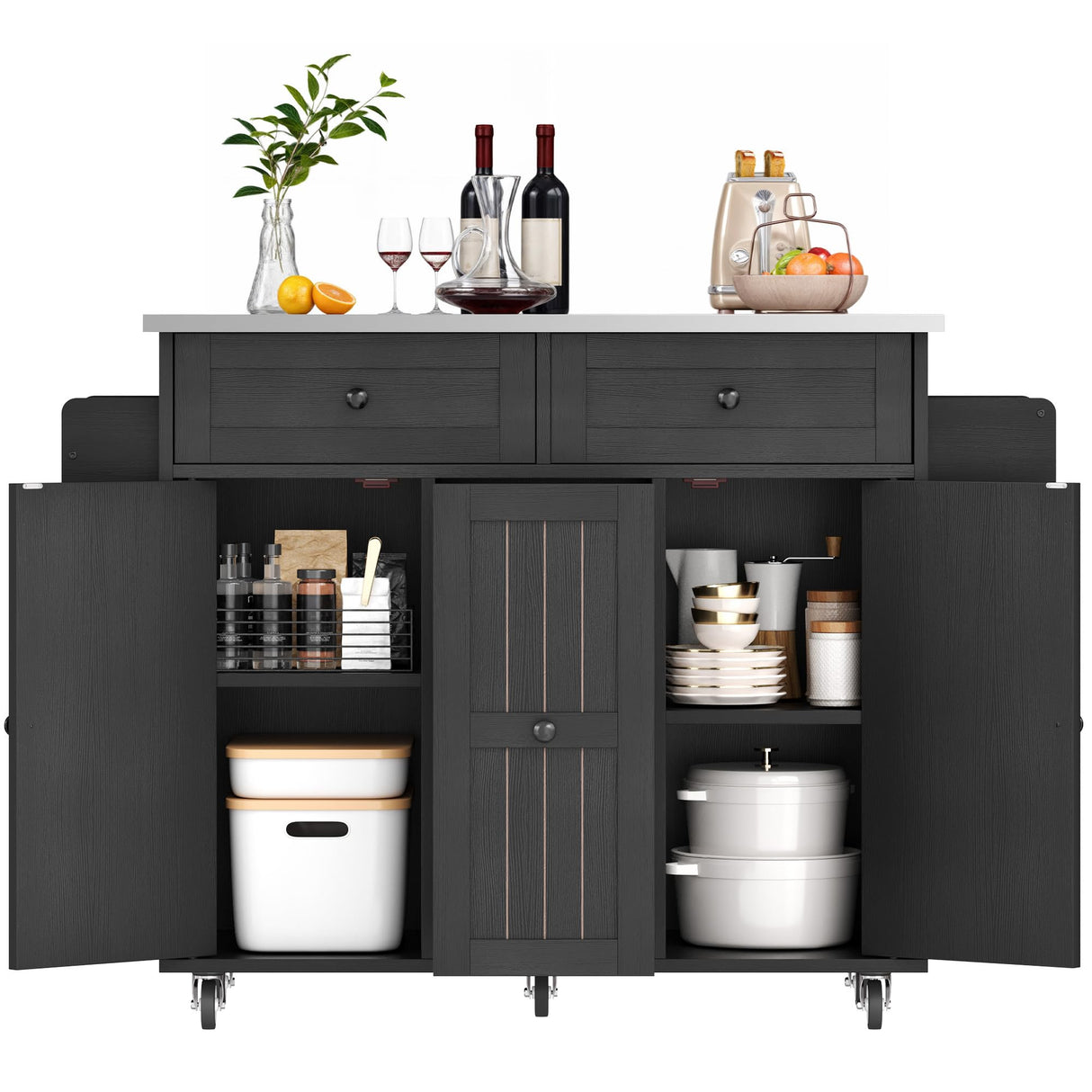 DWVO Kitchen Island on Wheels, Mobile Kitchen Island Cart with Folding Drop Leaf Breakfast Bar, Island Table for Kitchen with Large Storage Cabinets, Racks, Drawers and Adjustable Shelves, Black DWVO