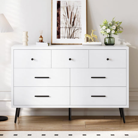 DWVO White 7 Drawer Dresser, 47" W Large Double Dresser Chest of Drawers, Modern Wood Storage Organizer with Black Metal Handles & Anti-Tipping Device for Hallway, Entryway DWVO