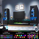 AMERLIFE Entertainment Center with Fireplace and Bookcases, Includes 80" 2-Tier Fireplace TV Stand with 40" Fireplace, 2 x High Gloss Bookshelves with LED Lights & Glass Doors, Obsidian Black AMERLIFE