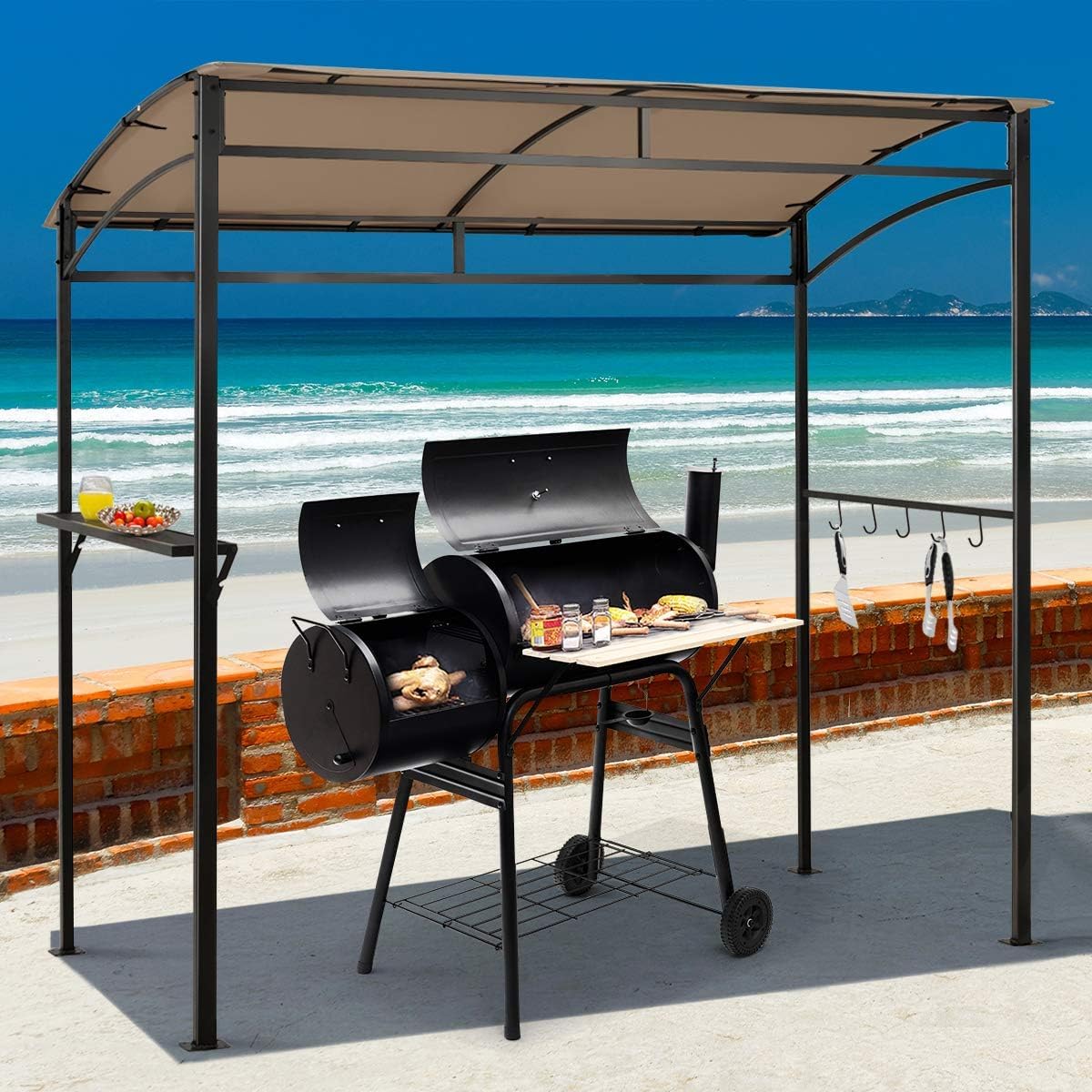 Moccha 7x4.4ft Grill Gazebo, Outdoor BBQ Gazebo with Storage Shelf, Hanging Hooks, Beer Opening Setting, Heavy-Duty Metal Frame, Grill Canopy Tent Sunshade Awning for Backyard, Patio, Garden, Brown LDAILY