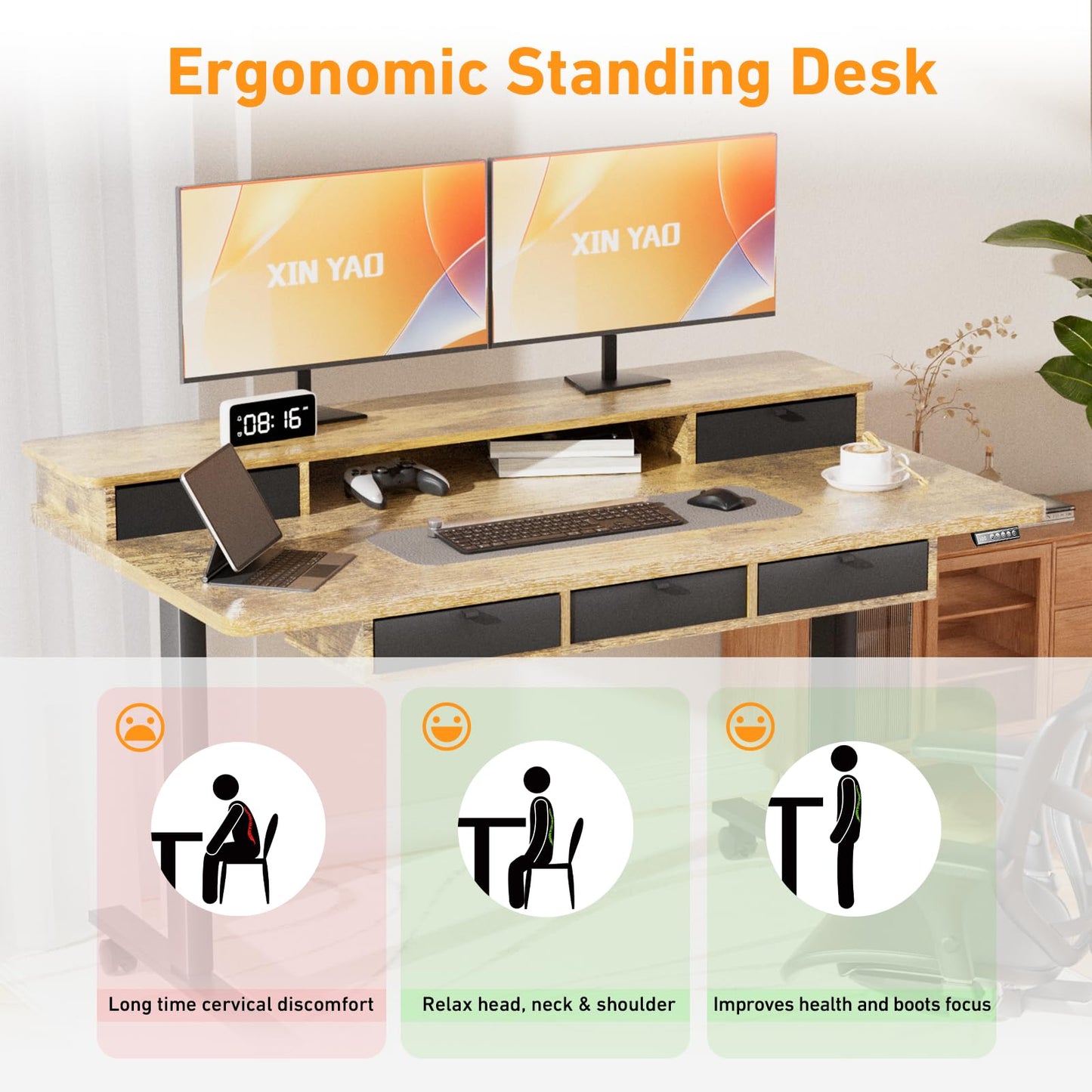 XINYAO Electric Standing Desk with 5 Drawers, 55 x 30 Inch Height Adjustable Stand Up Desk with Storage Larger Desktop Sit Stand Table for Office Home Workstation Gaming Working Studying