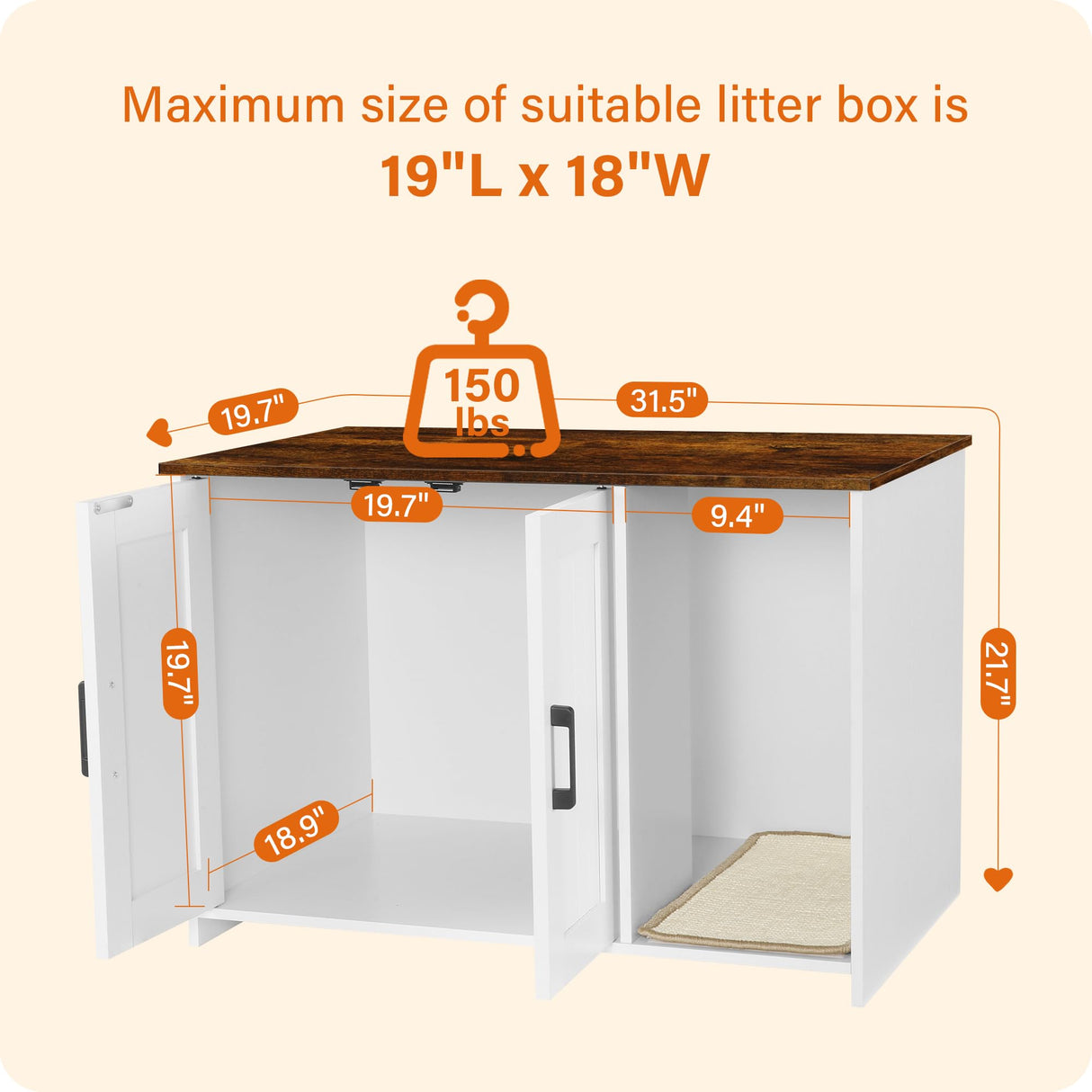 DWANTON Litter Box Enclosure, Cat Litter Box Furniture Hidden, with Scratching Mat, Wooden Cat Washroom Indoor, Fit Most of Litter Box, 31.5" L x 19.7" W x 21.7" H, White+Rustic Brown Dwanton