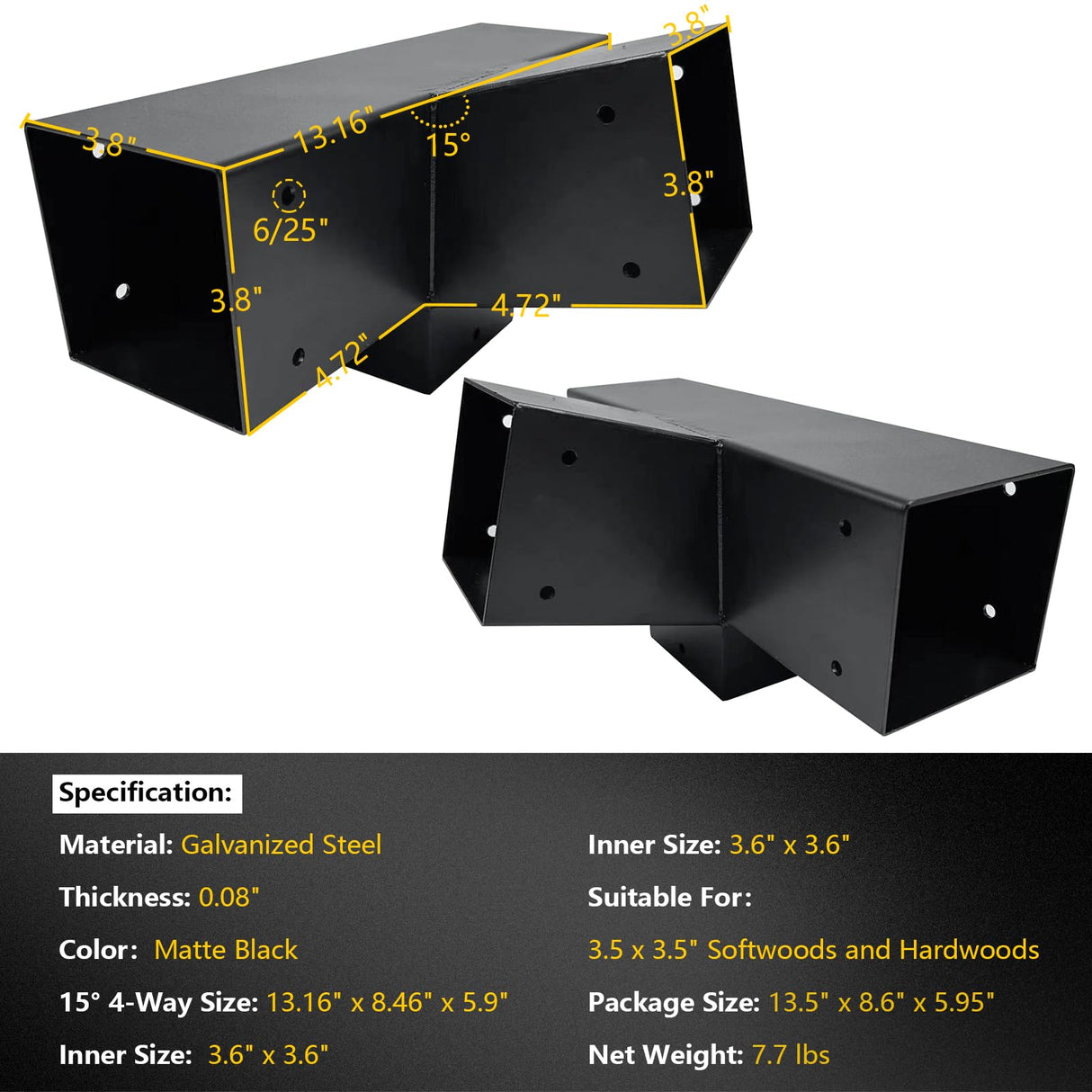Qrooviiy 15 Degree Pegola Bracket Kits,4-Way Right Corner Woodwork Brackets for 4" x 4" (Actual:3.5"x3.5") Lumber,DIY Gazebo Brackets for Patio Pergolas, Gazebos, Log Cabin W/Hardware - 1Pack… Qrooviiy