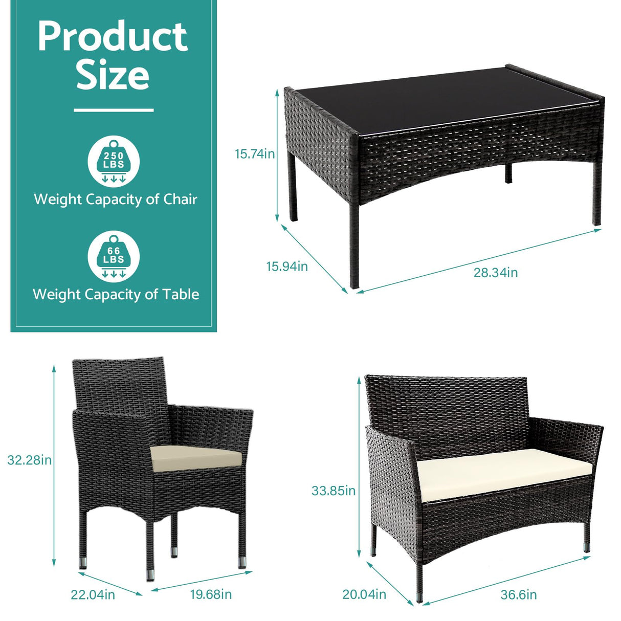 TINKLE WELL Patio Furniture, 4 Piece Conversation Set, Outdoor Wicker Rattan Table and Chairs, Sectional Sofa with Thick Cushion for Garden, Yard, or Porch, Dark Black TINKLE WELL