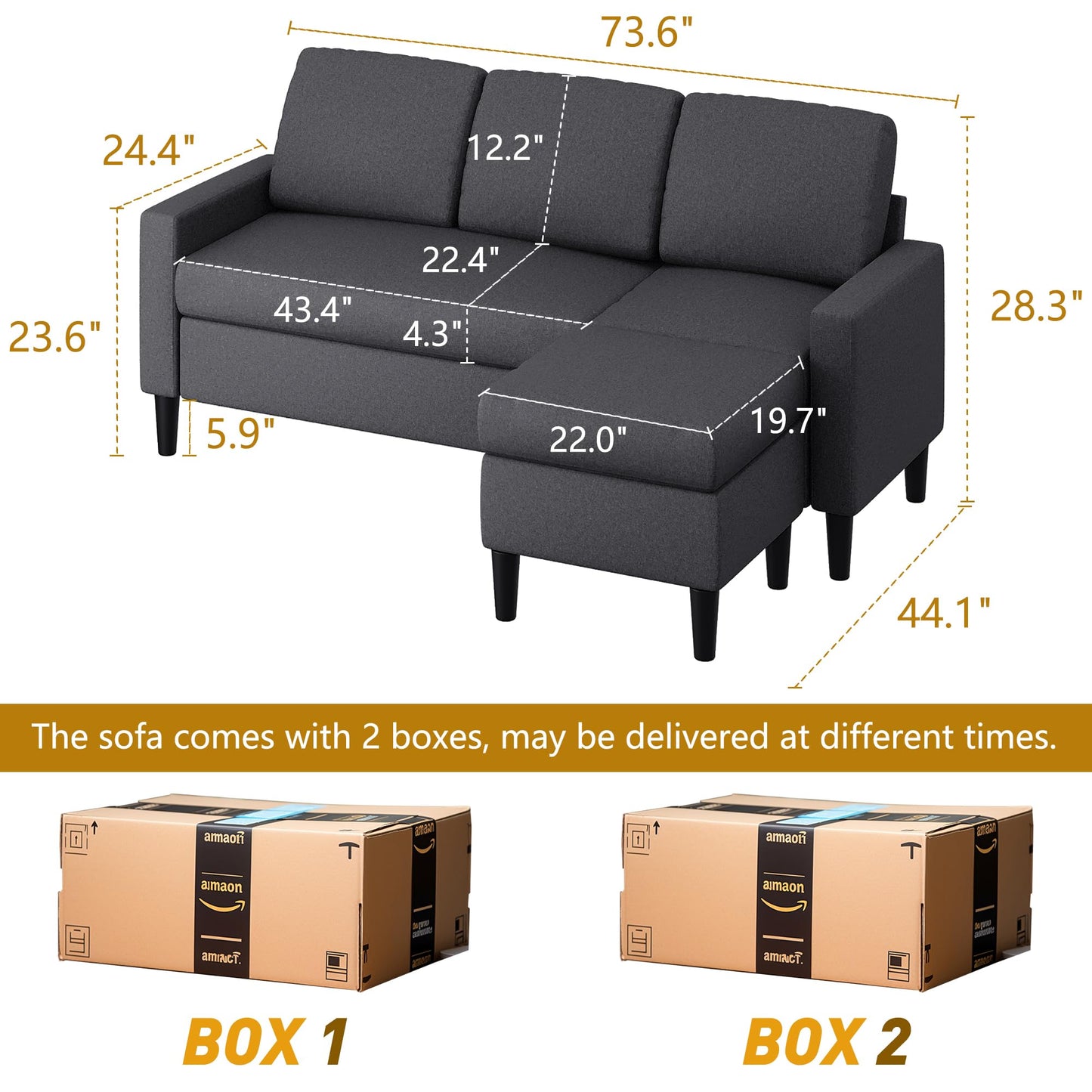 Shintenchi Small Convertible Sectional Sofa Couch with Ottoman, 3 Seat L Shaped Sofa with Fabric, Upholstered Sectional Sofa, Small Couch for Small Apartments, Living Room and Office (Black)