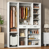 Armoire Wardrobe Closet with 2 Drawers, 81” H Wooden Wardrobe Closet with 10 Storage Shelves and 2 Hanging Rod, White Modern Armoire, Clothing Storage Cabinet Organizer Combination, Bedroom Furniture Gyfimoie