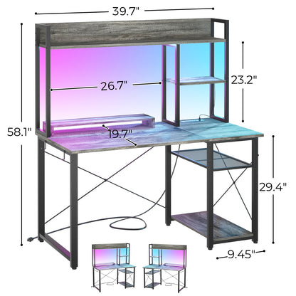 Cyclysio Gaming Desk with Hutch, 39'' Computer Desk with LED Lights & Power Outlets, Home Office Desk with Reversible 5 Tiers Storage Shelves & Monitor Stand, Small Gaming Table for Small Space, Grey