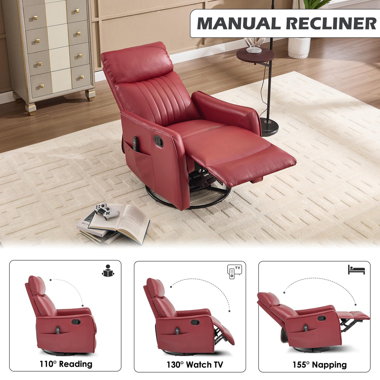 Trustyue Swivel Rocker Recliner Chair, 360° Swivel Recliner with Heat and Massage, Rocker Recliner Nursery Glider Chair with Side Pockets for Living Room (Red, Faux Leather) Trustyue
