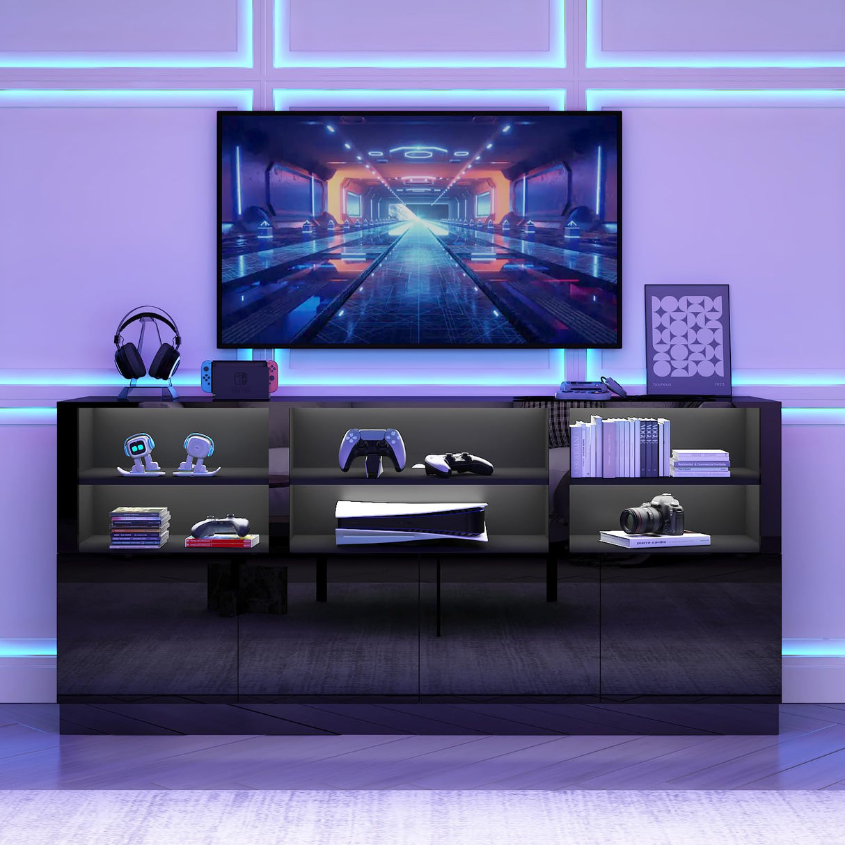 Bolonbi 70 Inch LED TV Stand for 75/80/85 Inch TV,Modern Gaming Entertainment Center with Storage Shelves and Doors,High Gloss TV Media Console for Living Room,RGB LED Lights,Black Bolonbi