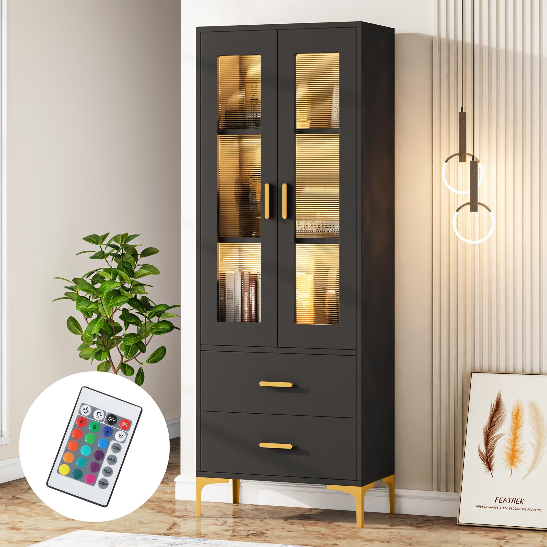 Tribesigns Tall Bookcase with LED Light and Storage Drawers - Stylish Black Freestanding Cabinet for Any Room - WoodArtSupply