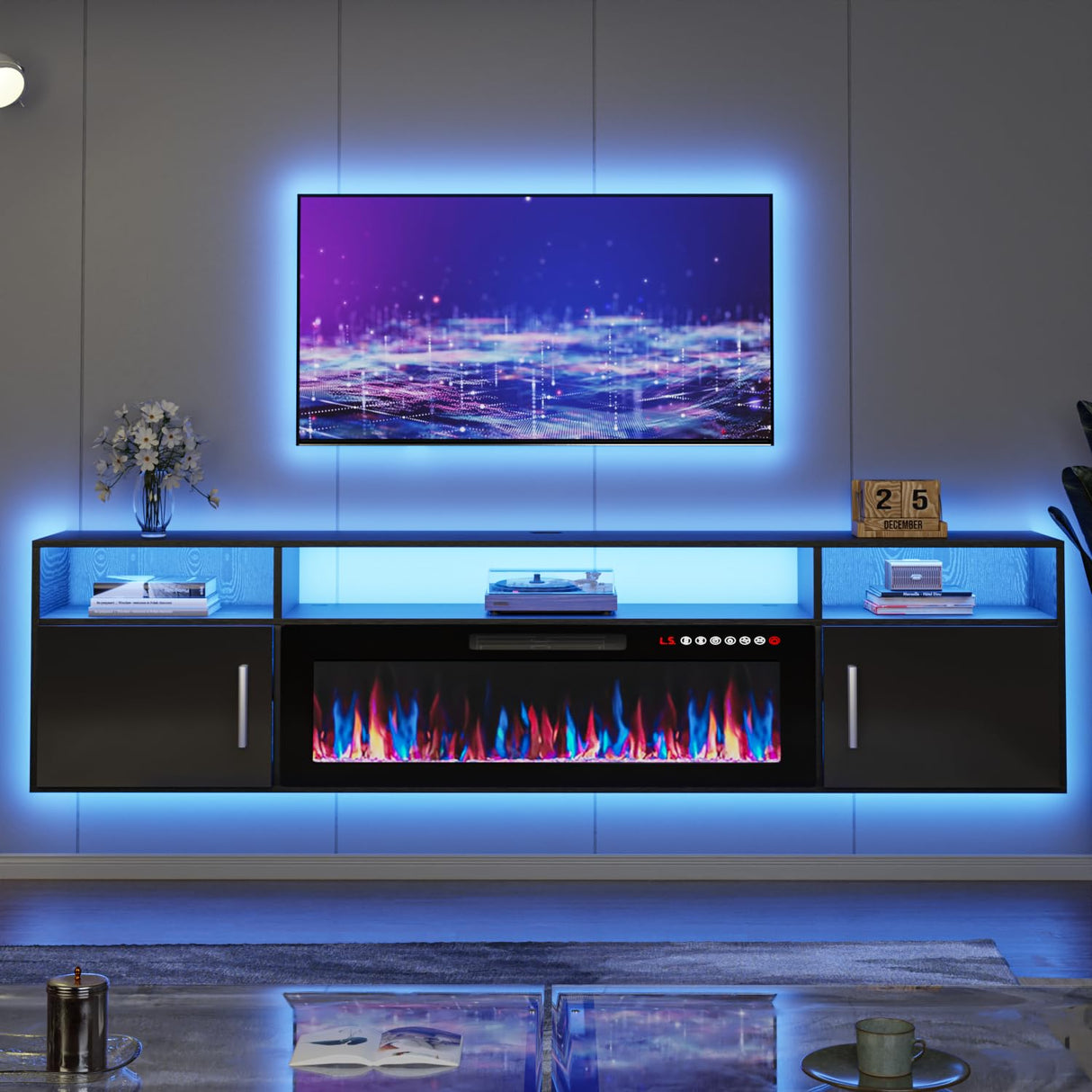 TAVATA 70" Floating TV Stand with 36" Electric Fireplace - Wall Mounted Entertainment Center with LED Lights & Storage Cabinet, Modern Media Console for Living Room, Supports TVs up to 80" (Black) TAVATA