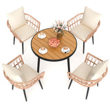Pamapic 5 Pieces Patio Dining Set,All-Weather PE Rattan Patio Furniture Set with Wood Table Top, Outdoor Table and Chairs with Removable Cushion & Round Dining Table for Lawn Garden Patio, Cream Pamapic