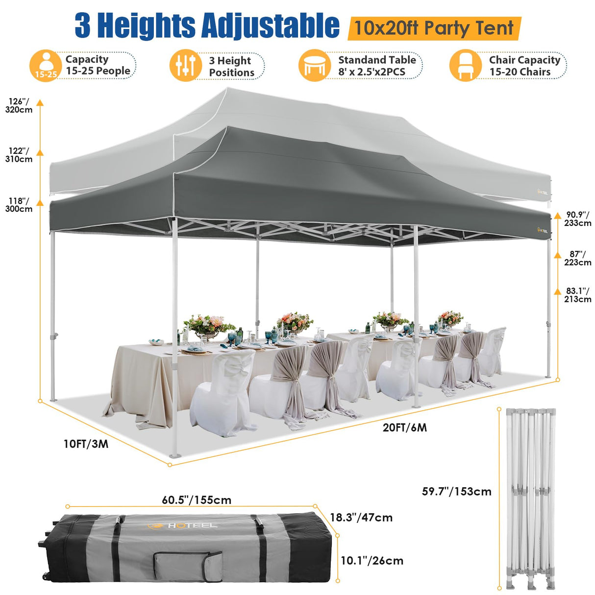 HOTEEL 10x20 Pop up Canopy Tent for Parties, Heavy Duty Easy Setup Tent with 6 Sidewalls, Outdoor Commercial Instant Gazebo for Wedding Event, with Roller Bag & Sand Bags, Grey(Hexagonal Frame) Hoteel