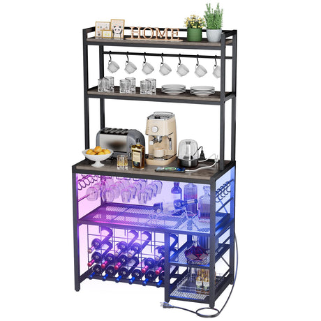 yacchi home Wine Bar Cabinet with Outlet and LED Light, Liquor Cabinet with Glasses Holder Movable Storage Shelf, 4-Tier Wine Rack Durable Coffee Bar Cabinet for Kitchen Dining Room, Grey yacchi home