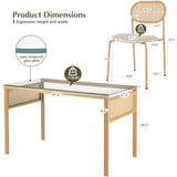 COSVALVE Boho Dining Table Chairs Set of 4, Tempered Glass Tabletop with Rattan Decor, Upholstered Cane Dining Chair with Rattan Back Metal Legs, for Dinner Living Room Reception COSVALVE