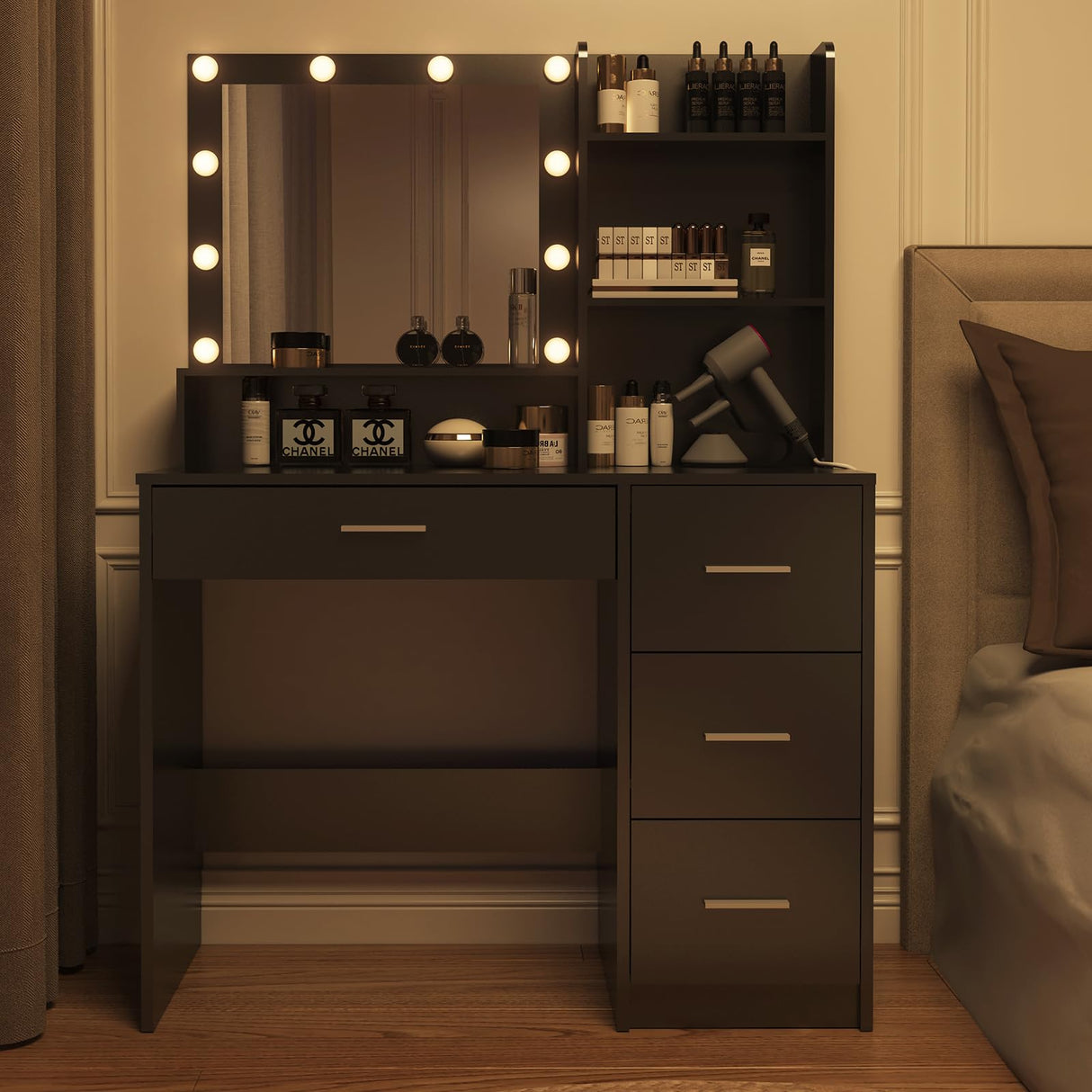 DINGIPP Makeup Vanity Desk with Lighted Mirror and Charging Station, Makeup Table with 4 Drawers & Storage Shelves, Vanity Desk 3 Color Modes Available, Bedroom Dressing Table for Women, girls (Black) DINGIPP
