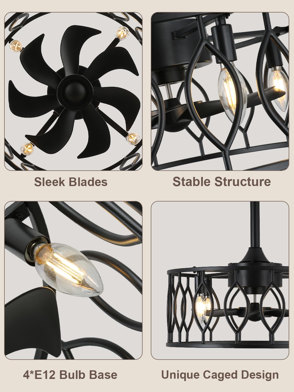 Curve Curio 19 Inch Caged Farmhouse Ceiling Fan with Lights and Remote, Rustic Industrial Fandelier Ceiling Fan Enclosed for Bedroom Curve Curio