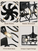 Curve Curio 19 Inch Caged Farmhouse Ceiling Fan with Lights and Remote, Rustic Industrial Fandelier Ceiling Fan Enclosed for Bedroom Curve Curio