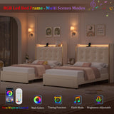 HITHOS Upholstered Twin Led Bed Frame with Charging Station and Storage Drawer, Velvet Princess Platform Bed Frames with Crystal-Button Tufted Headboard for Girls | Kids, No Box Spring Need, Beige HITHOS