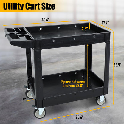 Tooremine Service Utility Plastic Tool Cart, 40 x 17-Inch Rolling Cart Huge Storage W/Deep 2-Shelf Heavy Duty Cart with Wheels,550 lbs Capacity - WoodArtSupply