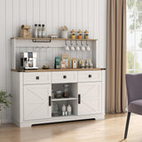 Gyfimoie Farmhouse Bar Cabinet with Hutch, Kitchen Buffet Cabinet with Storage Cabinet & 3 Sliding Drawers, Adjustable Shelf, Goblet Holder, Cup Hooks for Living Room, Dining Room Use (White) Gyfimoie