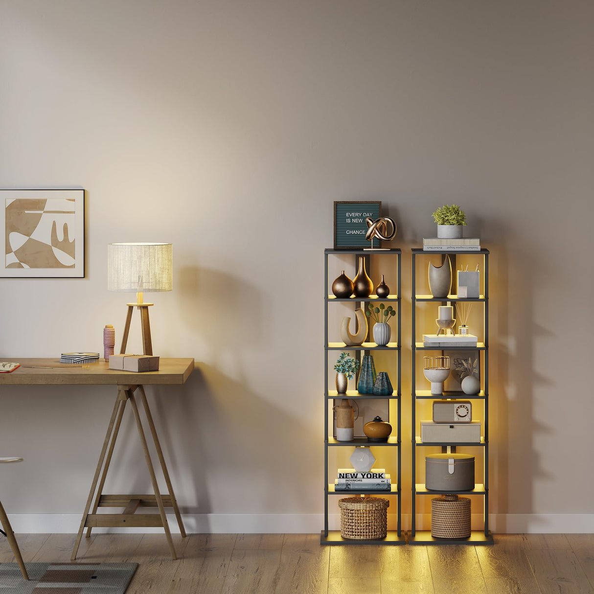 GLANZALANT 7-Tier Bookshelf, Narrow Bookcase with LED Lights, 47.2 Inch Book Shelf for Small Space, Display Storage Shelf for Living Room, Bedroom, Home Office, Study, Black GLANZALANT