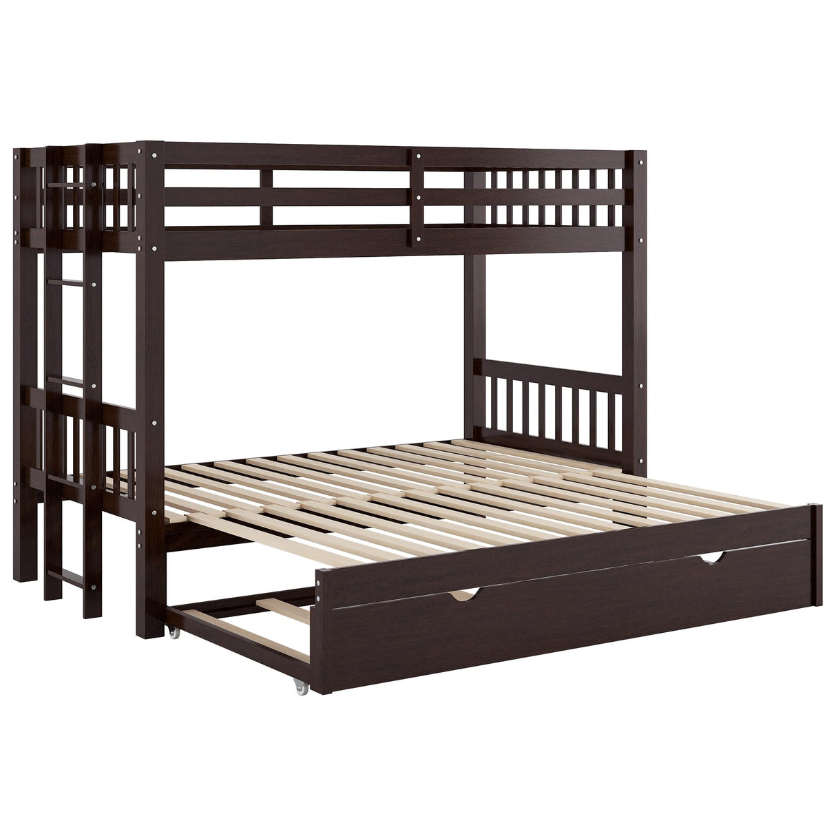 Twin Over Double Twin Bunk Bed with Trundle, Convertible Bottom Bed, Pull-Out Multi-Functional Bunk Bed Can for 4 People, Wooden Bunk Bed with Ladder and Safety Rail, Espresso Bellemave