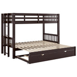 Twin Over Double Twin Bunk Bed with Trundle, Convertible Bottom Bed, Pull-Out Multi-Functional Bunk Bed Can for 4 People, Wooden Bunk Bed with Ladder and Safety Rail, Espresso Bellemave