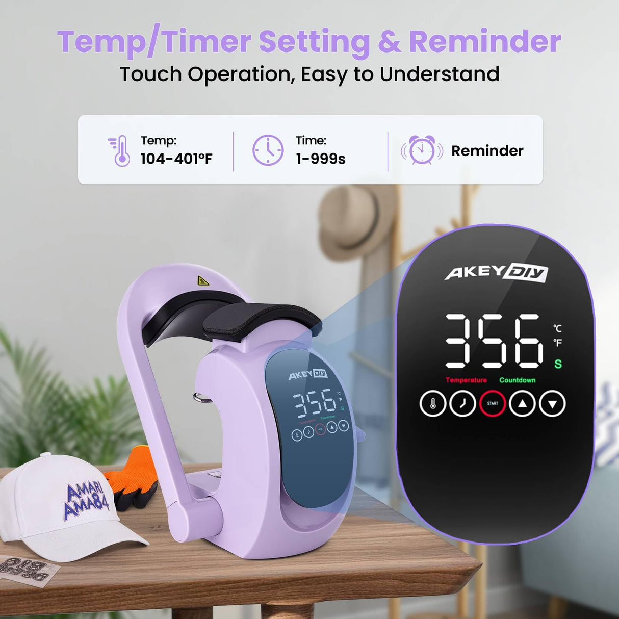 AKEYDIY 3-in-1 Auto Hat Heat Press Machine for Caps, with 3pcs Interchangeable Platens, Automatic Open & Release, Touchscreen for Precise Time & Temp Control, Heat Transfer Printing for Caps, Purple AKEYDIY