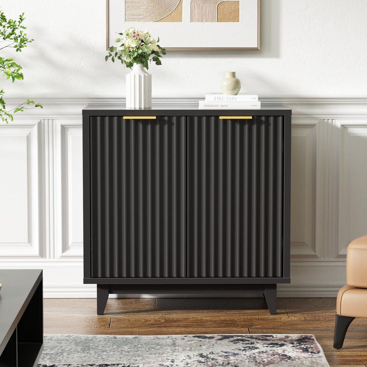 Fluted Cabinet with Storage, 2 Doors Sideboard Buffet, Mid Century Modern Accent Cabinet with Adjustable Shelves, Multifunctional Console Table with Storage for Living Room, Kitchen, Entryway FiveWillowise