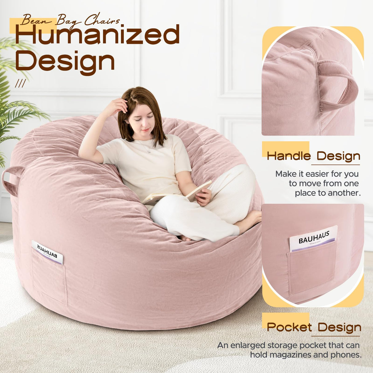 Memory Foam Bean Bag,Multiple Sizes Bean Bag Chairs for Adults,Fluffy Couch for Living Room Bedroom College Dorm,Bean Bag Chair with Filler Included (Pink, 4FT) TaiBest