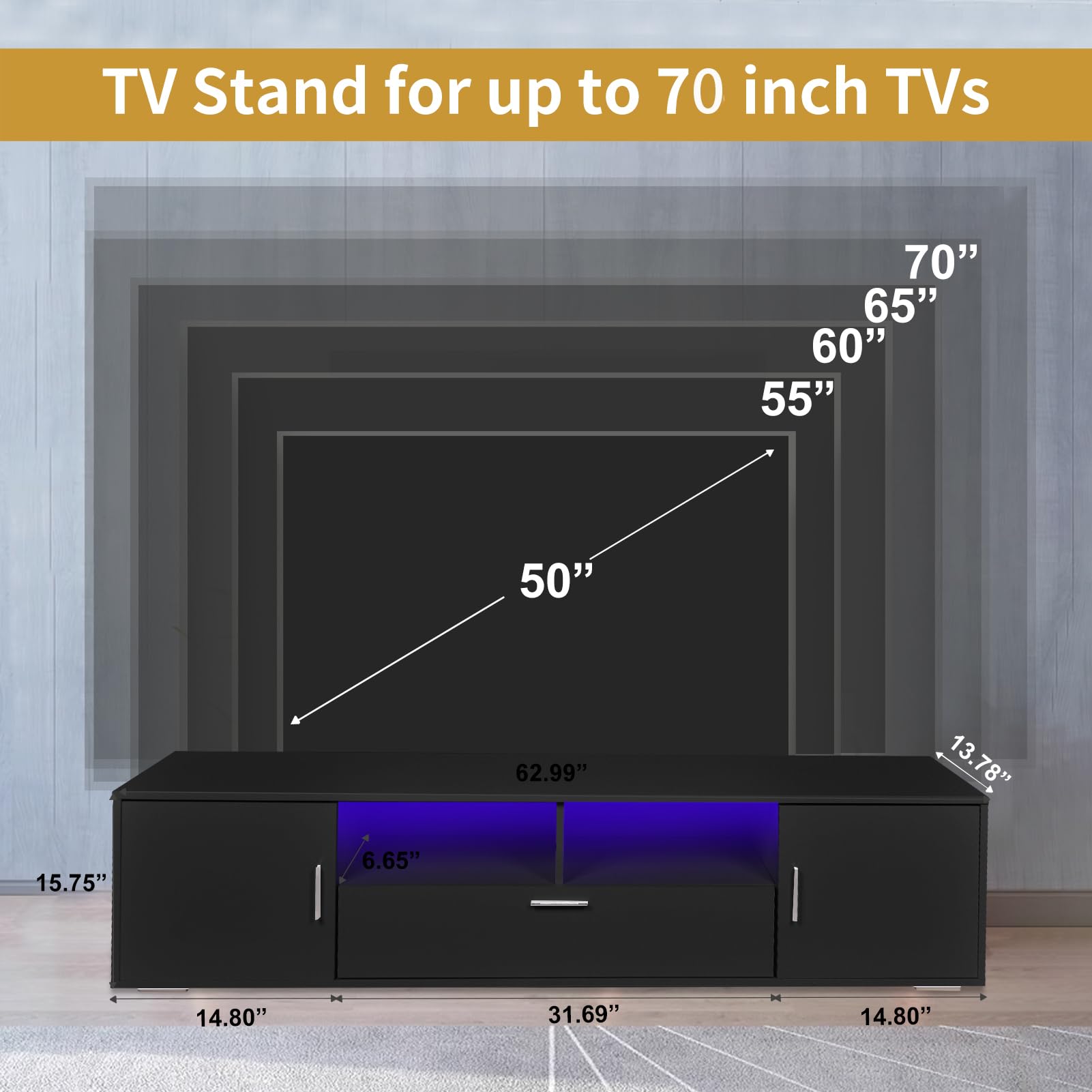 HOUAGI Tv Stand for 65 inch Tv,Black Entertainment Center with Storage Cabinet,Modern TV Stands for Living Room and Bedroom(Black) - WoodArtSupply