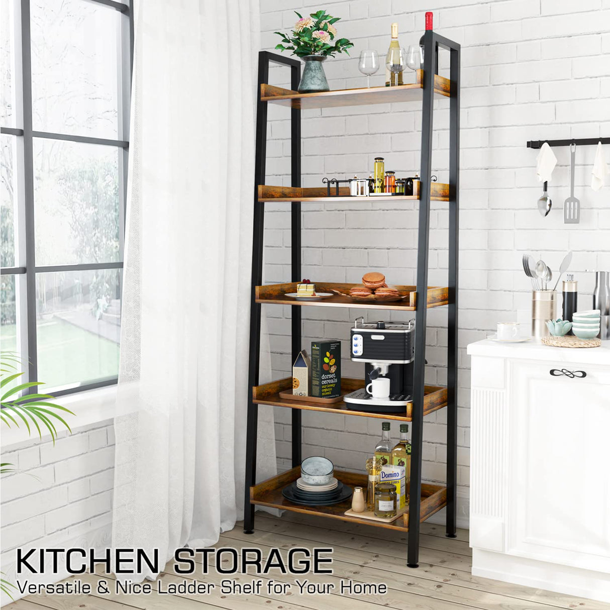 ASTARTH Ladder Shelf-5 Tier Bookshelves w/Open Shelf for Storage, Industrial Bookshelf & Tall Ladder Shelf-Metal Frame for Bedroom, Living Room, Kitchen-67.3'' H, Easy Assembly, Rustic Brown (HD021) ASTARTH
