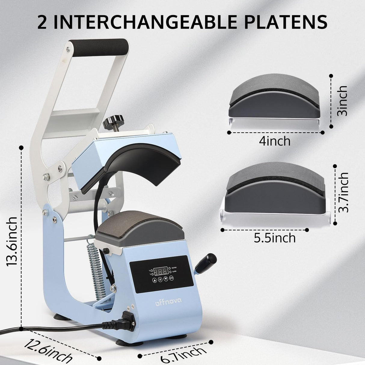 OFFNOVA Hat Heat Press Machine for Caps with 2 Interchangeable Platens, Temp & Time Control with Auto Countdown, Efficient Heat Transfer for HTV Iron On and Sublimation Projects (Handle-Blue) OFFNOVA