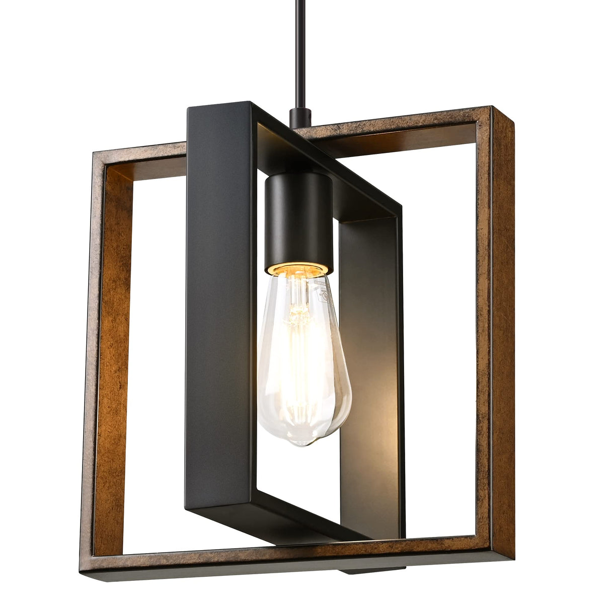 EDISHINE Farmhouse Pendant Light Fixture, Rustic Hanging Light Fixture with Wood Grain and Black Finish, Pendant Lighting for Kitchen Island, Dining Room, Hallway, Adjustable Cord EDISHINE