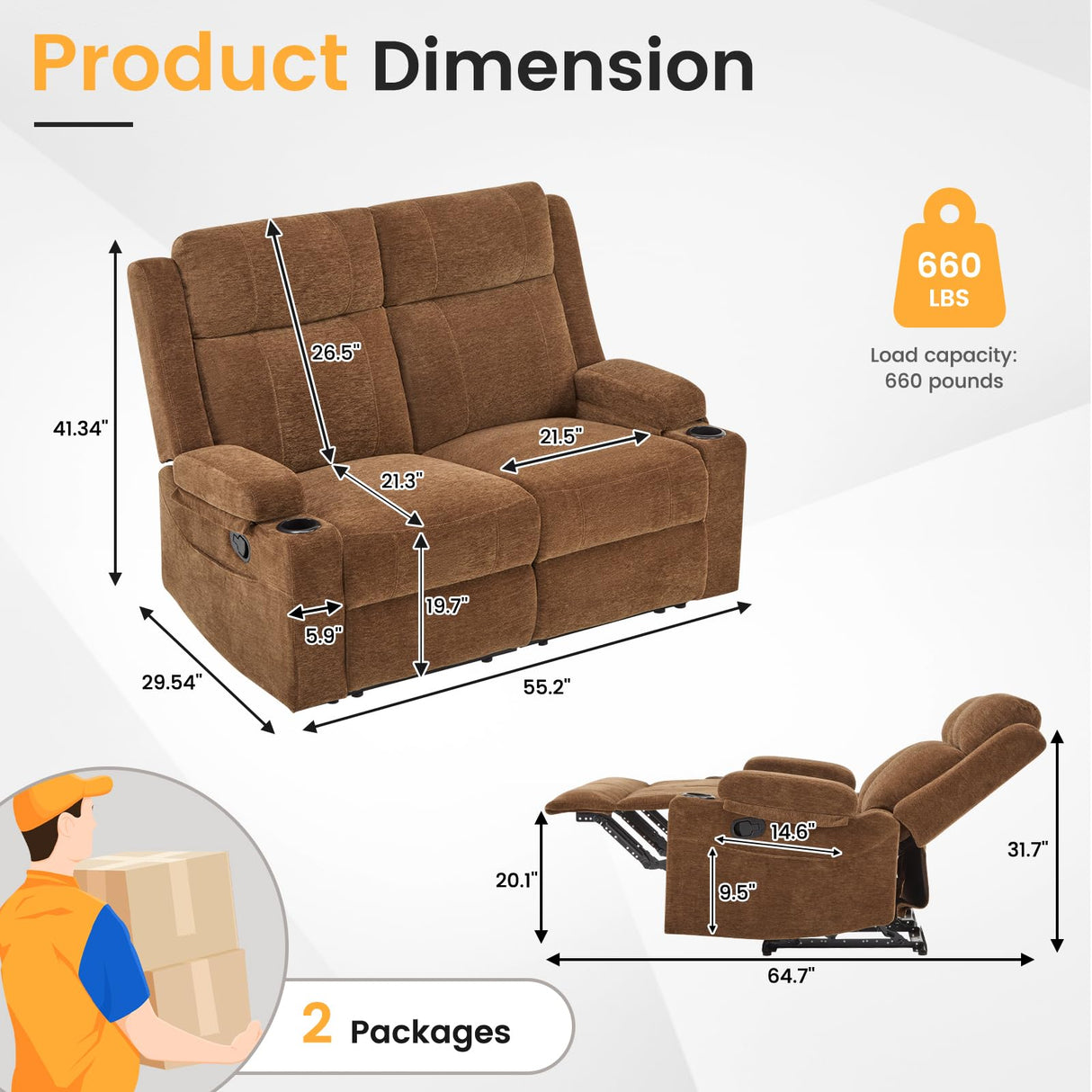 RIHEREFY Loveseat Recliner Sofa, Double Seat Couch with Adjustable Footrest, Wall Hugger Sofa for Living Room & Home Theater & RV(Brown) RIHEREFY