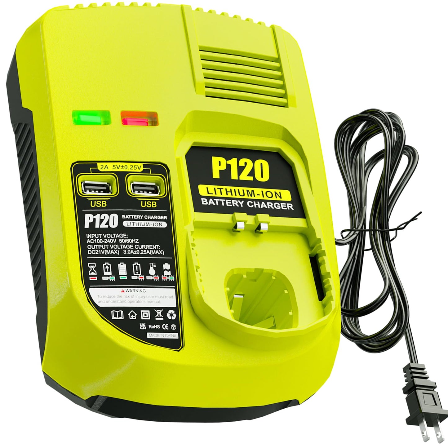 【with 2 USB Port】 Charger Replacement for Ryobi 18V Charger P117 Compatible with Ryobi 12V-18V One+ Lithium NiCad NiMh Battery P102 P108 P189 P197 P103 P105 P107 P190 P191 PBP002 PBP005 - WoodArtSupply