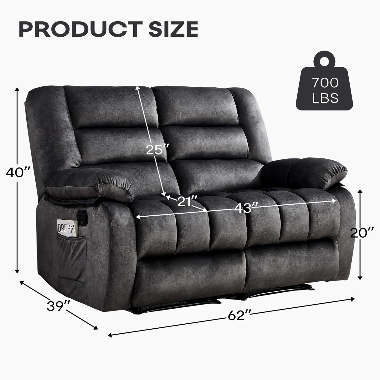 ANJ Manual Recliner Loveseat Sofa, Modern Reclining Sofa with Overstuffed Arms for Living Room, Bedroom,Grey ANJ