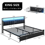 AMERLIFE LED Bed Frame with Drawers, King Platform Bed Frame with 2-Tier Storage & Leather Upholstered & Charging Station Headboard, No Box Spring Needed, Noise Free, Easy Assembly, Black AMERLIFE