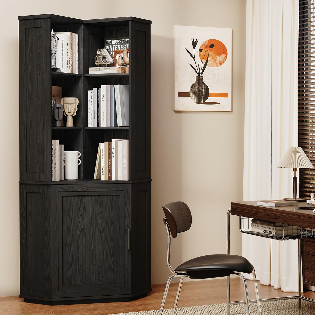 BROTTAR Corner Bookshelf, 67" Tall Corner Bookcase with Large Storage, Storage Cabinet for Books, L-Shaped Bookshelf with Cabinet for Living Room, Home Office, Bedroom, Black BROTTAR